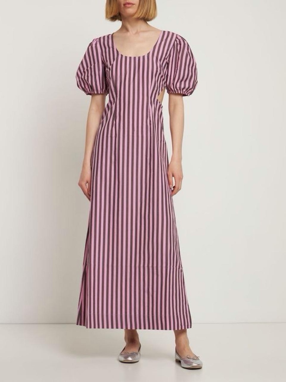Ganni Pink and Brown Vertical-Stripe Puff-Sleeve Maxi Dress